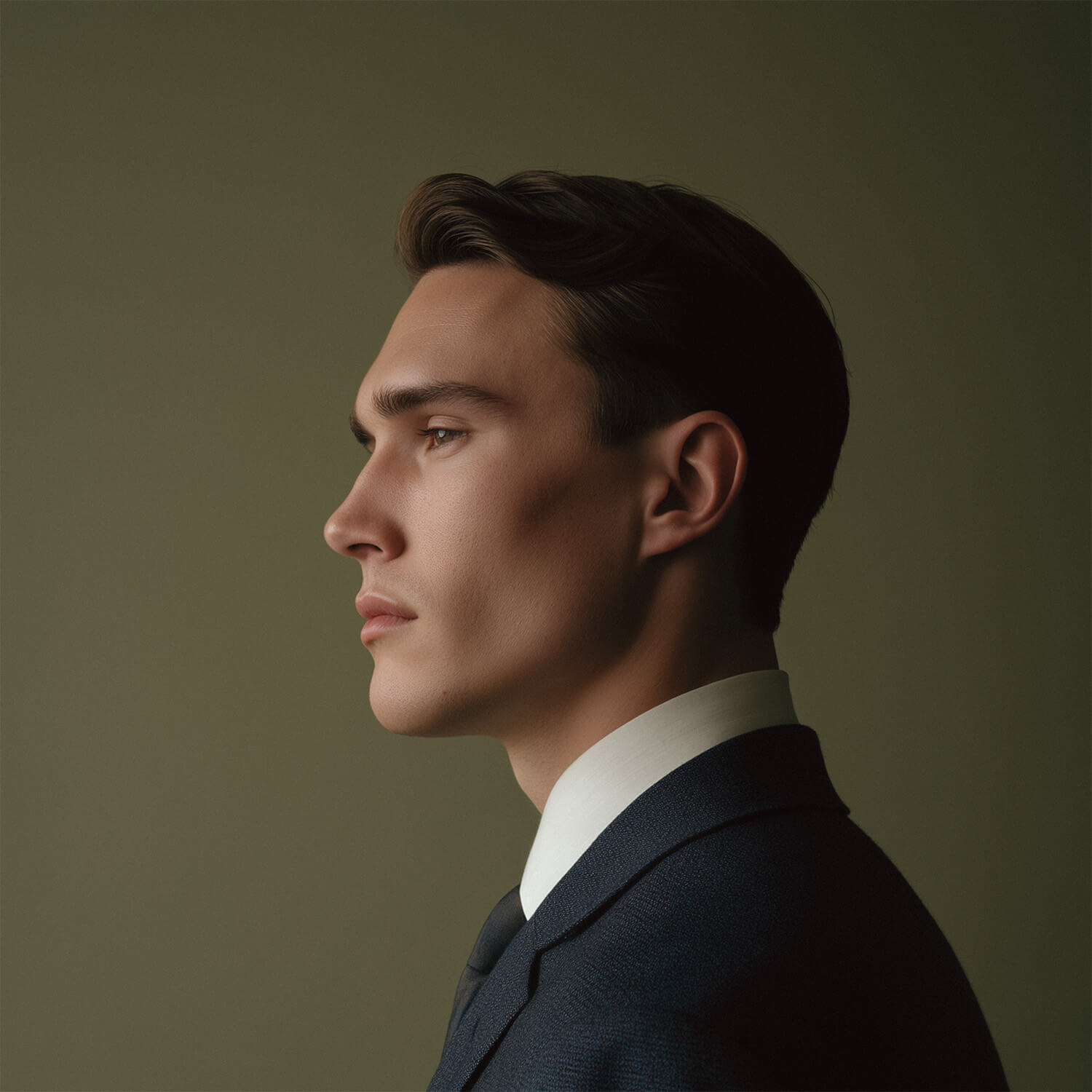 Profile of a young man in a dark suit and white shirt against a plain neutral background.