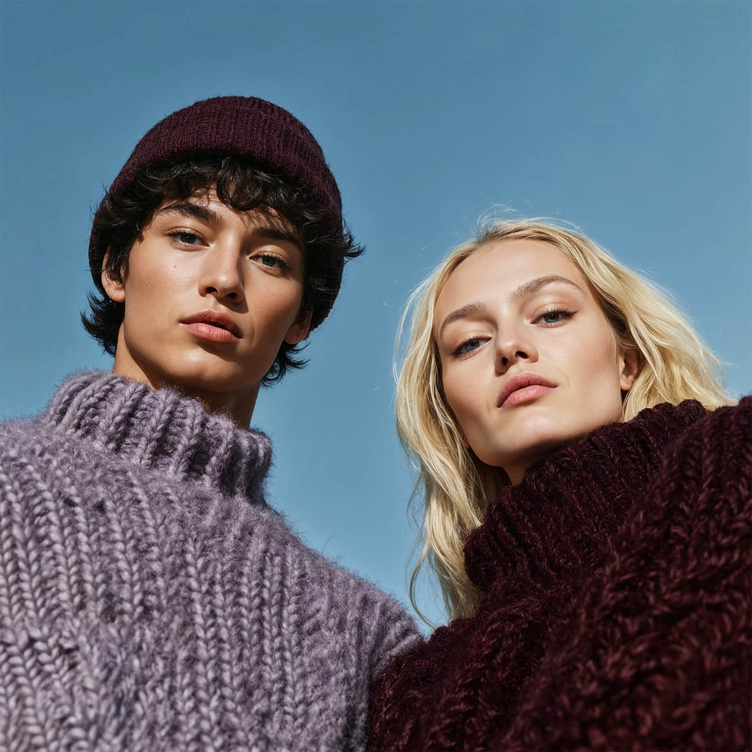 Two young models wearing chunky knit turtleneck sweaters under clear blue sky.