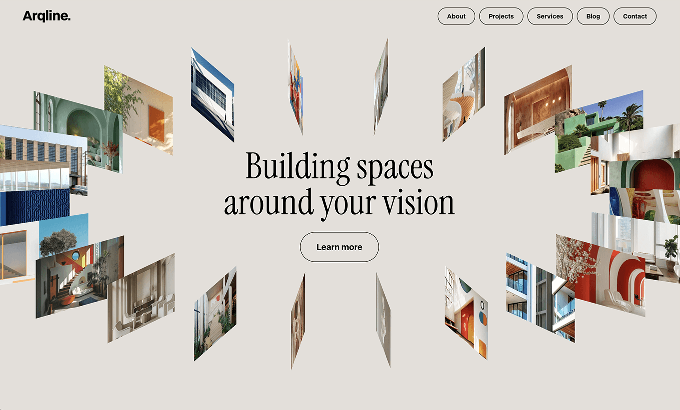 Website header for Arqline with floating images of architecture and text building spaces around your vision.