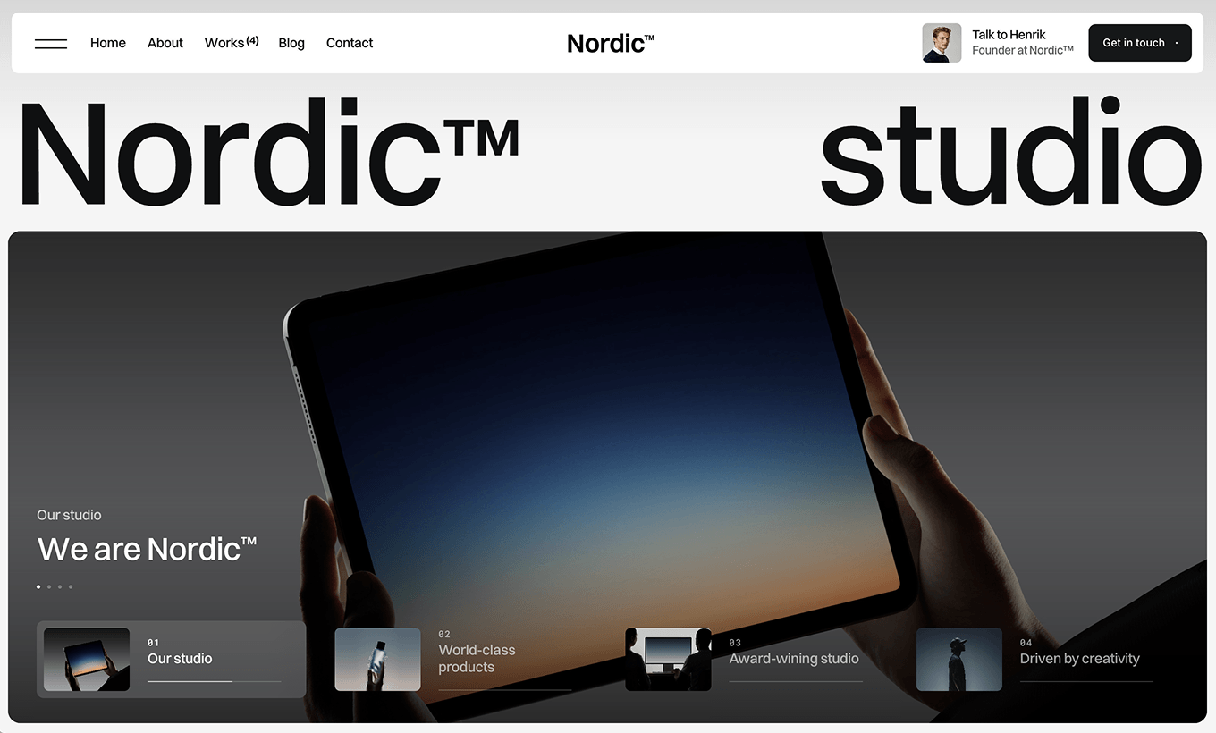 Website header for Nordic studio showing a tablet held by two hands with menu and contact button.